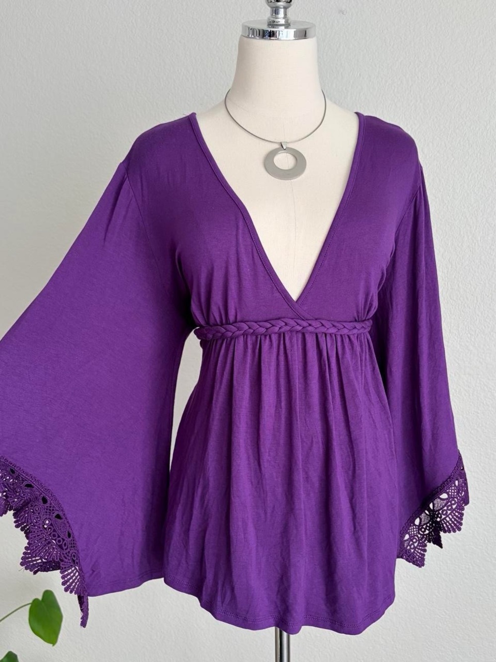 VENUS Purple V-Neck Empire Waist Flared Sleeve Tunic